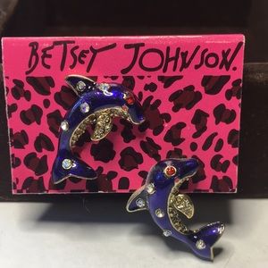 Betsey Johnson gold with blue enamel, crystals and red eye dolphin earrings.